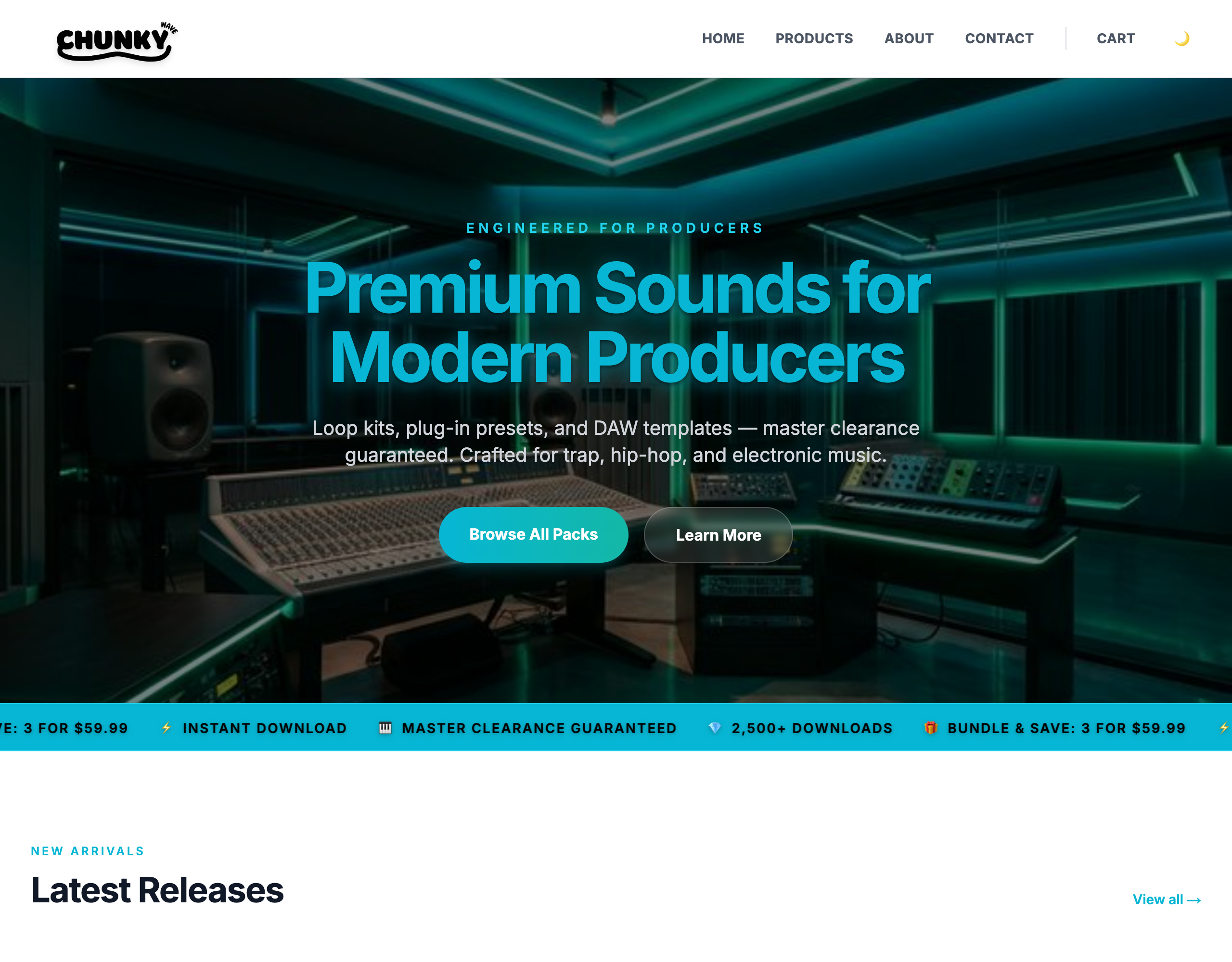 A clean, e-commerce web storefront for Chunkywave featuring a grid layout of digital creator assets, templates, and presets with clear pricing and 'View Details' calls to action.