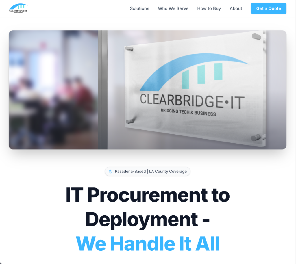 Clearbridge IT homepage featuring the teal bridge logo and the headline 'IT Procurement to Deployment - We Handle It All' on a clean white background.