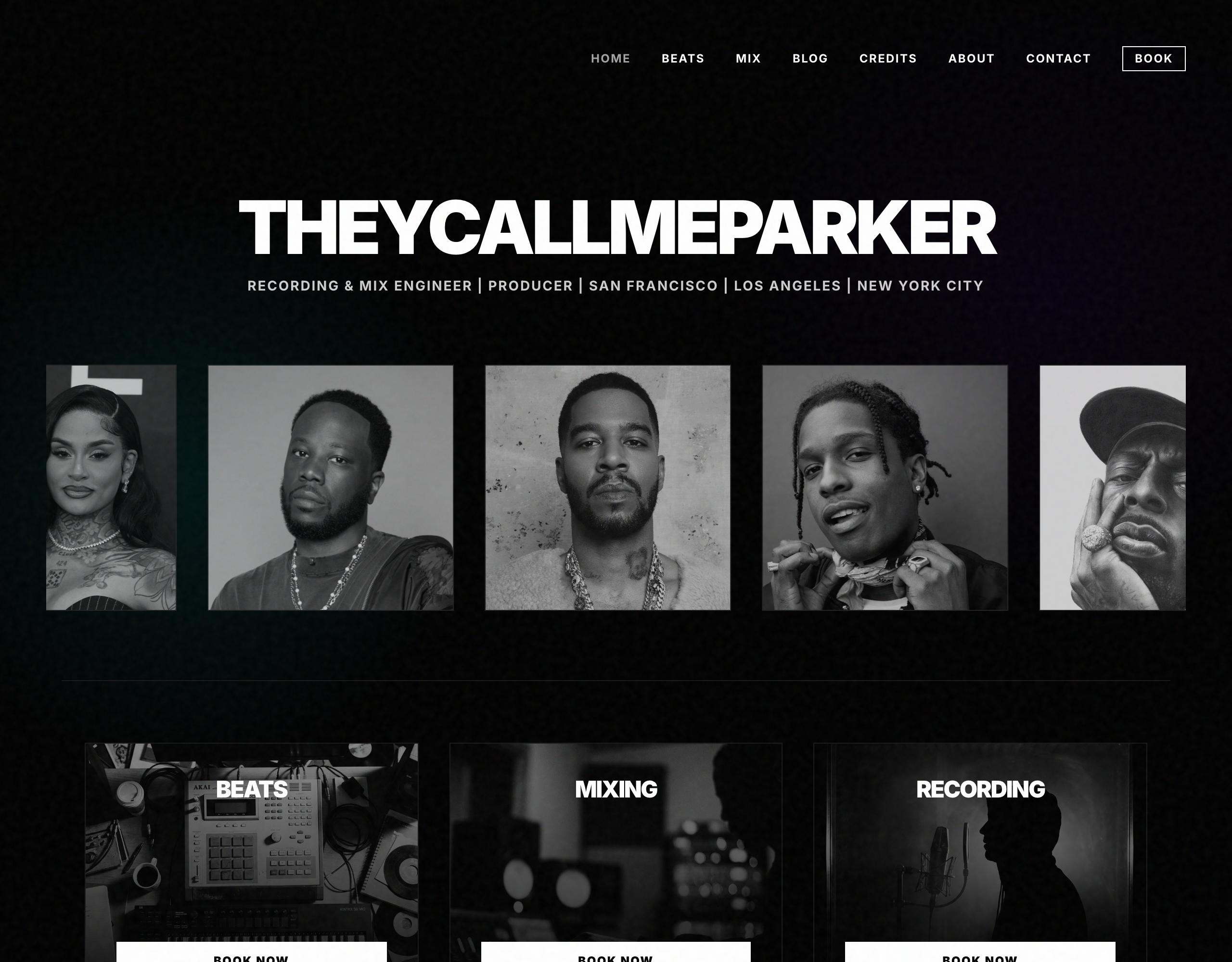 A modern, dark-themed portfolio website for a music producer named TheycallmeParker, showcasing custom beats, high-quality audio streaming, and personal branding.