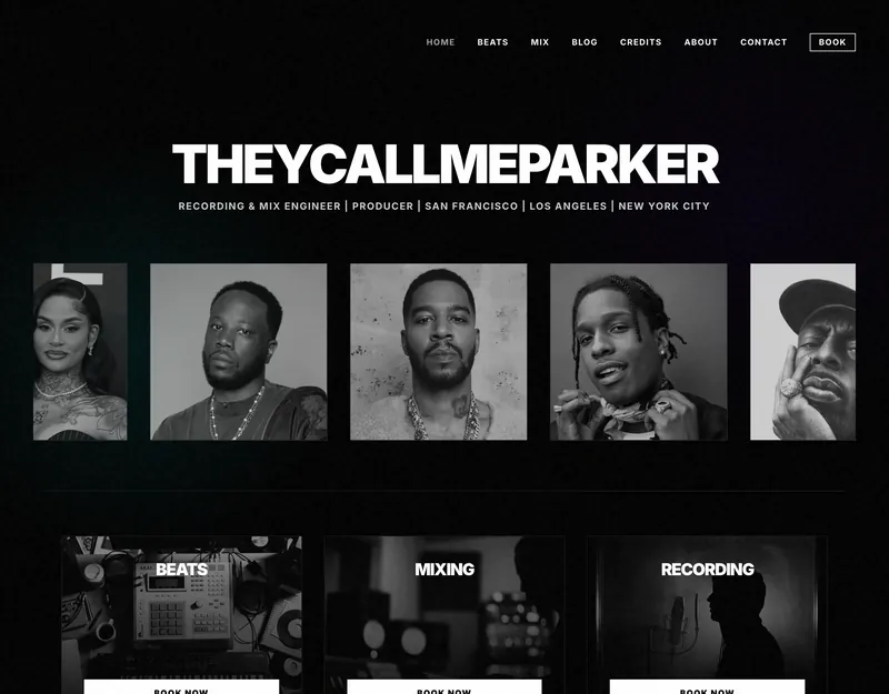 A modern, dark-themed portfolio website for a music producer named TheycallmeParker, showcasing custom beats, high-quality audio streaming, and personal branding.